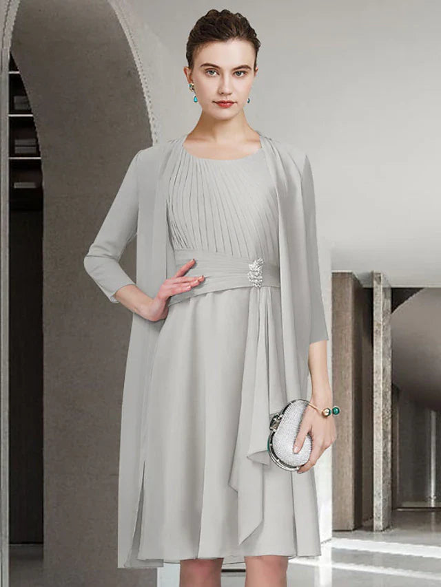 Wholesale Two Piece A-Line Mother of the Bride Dress Church Elegant Jewel Neck Knee Length Chiffon Sleeveless with Pleats Ruched